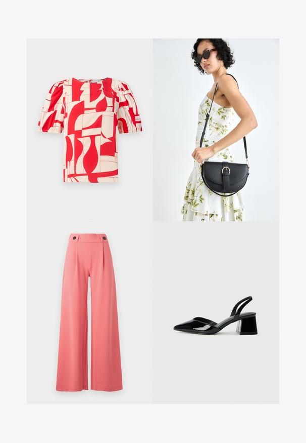 Blusa de mangas curtas em vermelho e creme com uma estampagem geométrica ousada. Apresenta mangas bufantes e decote redondo, feita de um tecido macio.; Calças largas na cor coral, com uma cintura alta decorada com dois botões pretos, feitas de um tecido suave com um design estruturado.; Sandy em verniz preto com salto slingback, ponta afilada e salto geométrico. Apresenta um design elegante e minimalista com textura suave.; Bolsa de couro preta com forma curva, alça destacável e detalhes em dourado. A bolsa possui uma aba com detalhe de fivela.