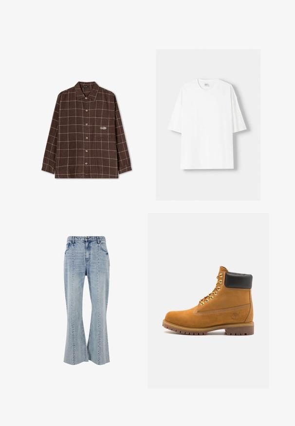 Kaotiko MILTON CHECKED UNISEX - Bluza z gumbi - brown; Bela kratka majica s kratkimi rokavi iz bombaža, s krožnim izrezom in sproščenim krojem. Gladka tekstura, brez vidnih vzorcev ali poudarkov.; Svjetloplave traperice s raširenim nogavicama, s detaljima prednjih džepova, vidljivim šavovima i pojasom s petljicama za remen. Klasičan dizajn s pet džepova.; Svetlo rjave anklne čizme iz semiša z črnim oblazinjenim ovratnikom, zlatimi kovinskimi očesci, belimi šivi in robustnim gumijastim podplatom s izrazitimi tredi.