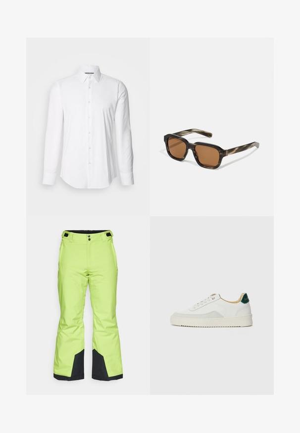 Fehér, hosszú ujjú ing sima anyagból, klasszikus gallérral és gombos elülső résszel, ívelt alsó résszel. A gombok enyhén fényesek.; Fényes lime zöld sínadrág sima textúrával, fekete díszítésekkel a szárvégeken és gombos záródással a deréknál.; Fehér sneaker suédé részletekkel, kerek orral, lapos fűzőkkel és krémszínű gumitalppal. Zöld logó található a sarkán.; Műanyag napszemüveg teknősbékapáncélszerű mintával, nyolcszögletű barna lencsékkel és vékony arany hardware díszítéssel a kereten.; Keskeny fekete nyakkendő, texturált, átlós bordázott mintával. Hegyes végződéssel és sima felülettel rendelkezik. Alkalmas elegáns öltözethez.