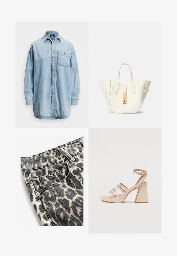 Polo Ralph Lauren OVERSIZE COTTON DENIM SHIRT - Nööpidega pluus - soria wash; Leopardimustriga teksakangas mustade ja beežide toonidega, metallist neetide, õmmeldud taskute ning struktureeritud pajaldisdisainiga.; Bežid platvormkanded kolme reguleeritava rihmaga ja pahkluu pandlaga. Läikiv viimistlus, ruudukujuline konts ja sile tekstuur.; Valge nahast ostukott, millel on struktureeritud kuju, silmapaistvad õmblused, kuldne metallist silt ja kaks käepidet. Tekstuuriga pind ja külgpockets.