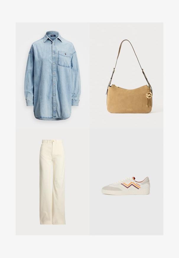 Polo Ralph Lauren OVERSIZE COTTON DENIM SHIRT - Overhemdblouse - soria wash; Polo Ralph Lauren COTTON CORDUROY WIDE-LEG PANT - Broek - warm white; Sneakers met een crèmekleurige bovenkant met suède accenten, zigzag meerkleurige strepen in oranje, bordeauxrood en geel, en een dikke witte zool.; Tan suède schoudertas met een gebogen vorm, gouden hardware en ritssluiting. Voorzien van een bijgevoegd charm met de initialen "MK."