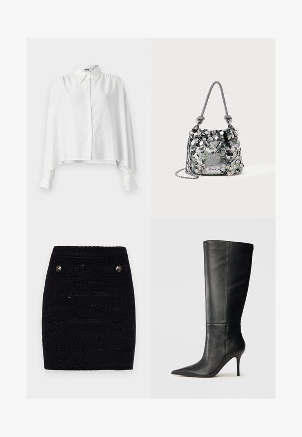 Hvit skjorte med knapper og avslappet passform, har spredt krage, lange ermer og en lett cropped hem. Glatt, lett stoff.; Svart teksturert skjørt med horisontale striper, dekorative frontlommer med sølvfargede knapper og en tettsittende silhuett.; Sorte lærknæhøje støvler med spids tå og slank stilettohæl, glat tekstur, sideprofil på neutral baggrund.; Liten sølvfarget håndveske dekket med store paljetter, med knyttet håndtak og kjede-rem, som har en Guess-merkevarelogo på framsiden.