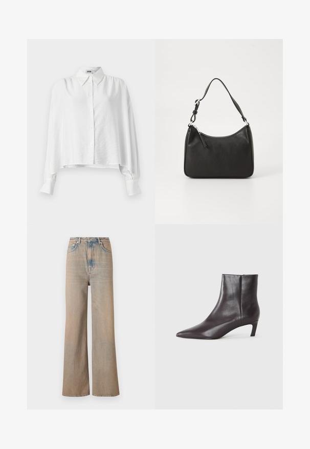 Bela srajca z gumbki in sproščenim krojem, ki ima razširjen ovratnik, dolge rokave in rahlo skrajšan rob. Gladek, lahek material.; Svijetloplave široke traperice s visokim strukom, izrađene od denima. Imaju suptilnu šavnu obradu i pet džepova, s blago izblijeđenom teksturom.; Črne usnjene gležnjarje s koničastim nosom in nizko mačjo peto, z gladkim površjem, stranskim zadrgo, prikazane na nevtralni podlagi.; Črna usnjena torba za roke s ukrivljenim oblikom, enim trakom, zadrgo in diskretnim blagovnim znamkom na sprednjem delu. Gladka tekstura, minimalističen dizajn.