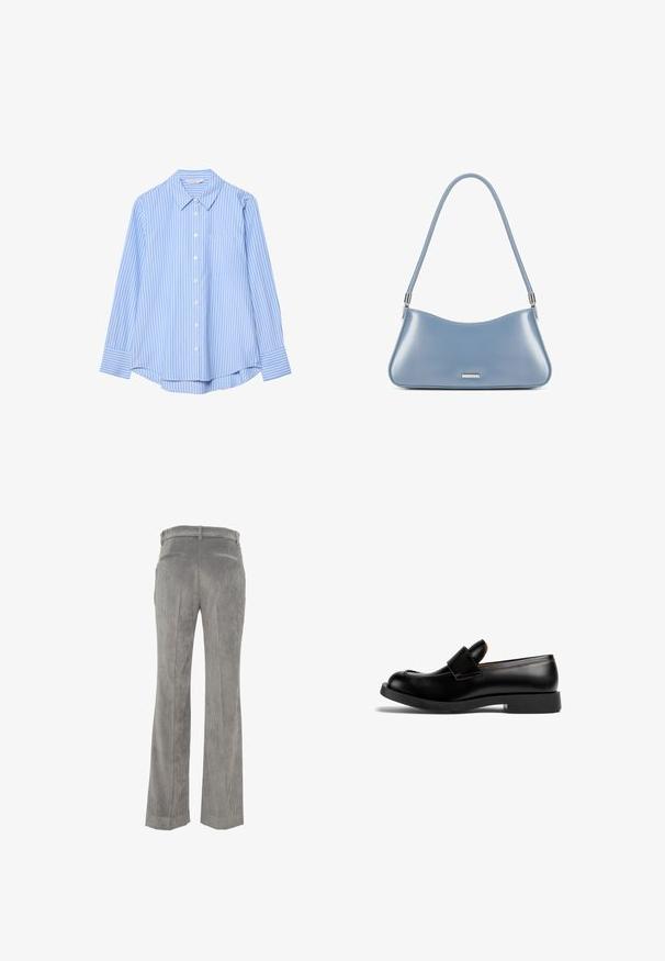 Camicia a maniche lunghe di colore blu chiaro con righe verticali bianche, bottoni sul davanti, colletto a punta e una singola tasca sul petto. Tessuto con una trama liscia.; Pantaloni in corduroy grigio con forma svasata, caratterizzati da una texture a righe verticali, due tasche posteriori e una vita per una vestibilità comoda.; CAMPERLAB MIL-1978 - Scarpe senza lacci - schwarz; Borsa in pelle blu con design curvo, tracolla singola e accessori in metallo argentato. Texture liscia con un'estetica minimalista.