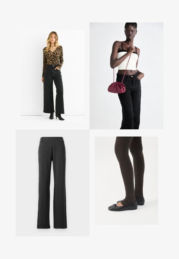 Top met panterprint en lange mouwen, gecombineerd met hoge taille wijde zwarte jeans en zwarte enkellaarsjes, van gladde stof met een aansluitende mouw.; Donkergrijze, rechte broek gemaakt van zachte stof. Heeft een gladde tailleband en geen zichtbare patronen of accenten.; Zwarte platte schoenen met een kleine strikdetail op de neus, gecombineerd met donkerbruine geribbelde panty’s. De schoenen hebben een gladde textuur en een lage profiel.; Bordeaux zachte stoffen handtas met een geplooid ontwerp en een lange schouderband, crossbody gedragen. Model draagt een witte crop top en zwarte jeans.