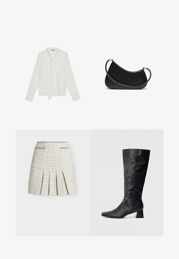 White long-sleeve blouse made of smooth fabric, featuring a tie at the neck and tailored cuffs. Simple, classic design without patterns.; White tweed mini skirt featuring a textured check pattern, pleated design, and contrasting black pocket trim at the waist.; Black mid-calf leather boot with pointed toe and block heel on plain light background.; Black leather shoulder bag with a curved design, featuring a textured strap and gold-tone hardware at the top closure. Smooth finish.; Set of gold-tone earrings featuring various designs, including studs, hoops, and dangling pieces with pearls and rhinestones.