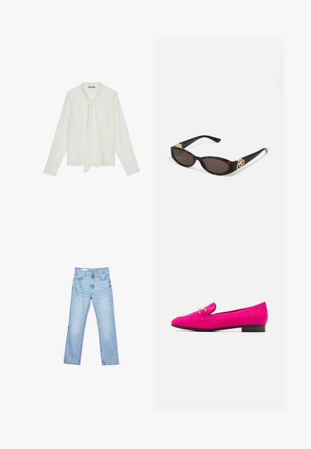 Valkoinen pitkähihaiset paita, joka on valmistettu sileästä kankaasta ja jossa on solmimisnauha kaulassa sekä muotoillut hihansuut. Yksinkertainen, klassinen muotoilu ilman kuvioita.; Vaaleansiniset farkut suoran leikkauksen, viiden taskun muotoilun ja näkyvän ompelun kanssa. Keskikorkea vyötärö, jossa on perinteinen nappi- ja vetoketjukiinnitys.; Fuksiapinkki mokkanahkainen loafer, jossa on litteä musta korko, koristeellinen nauha ja pieni solkiyksityiskohta. Sileä pinta ja virtaviivainen siluetti.; Silmärilakkiset tortoiseshell-aurinkolasit, joissa on pitkänomaiset ovaalit linssit, ruskea sävy, kultaiset logo-koristeet temppeleissä ja sulavalinjaiset mustat varret.