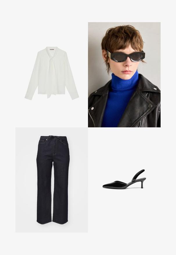 Hvit langermet bluse laget av glatt stoff, med knyting i halsen og skreddersydde mansjetter. Enkel, klassisk design uten mønstre.; Mørkeblå denimbukser med høy midje, vide ben og belte med knytte. Har standard sømmer og en ren hem.; Sorte patent lær slingback-heler med spiss tå, lav stilettostøvel og et stilrent, enkelt design uten dekorasjoner.; Sorte solbriller med runde kanter og tonede linser. Har guldaccent hardware på skinnerne. Båret med en blå ribbed højhalset trøje og læderjakke.; Sett med gullfargede øredobber med ulike design, inkludert stikkere, hoops og hengende deler med perler og rhinestones.