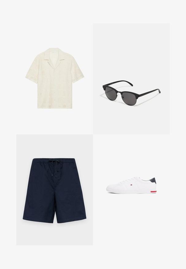 Lyhythihainen paita vaaleasta kermakankaasta, jossa on tekstuurillinen, rei'itetty muotoilu neliökaavioilla ja teräväkauluksella.; Tummansiniset uimaliivit, joissa on joustava vyötärö ja nauhakuulokkeet. Kevyt kangas, jossa on sileä rakenne ilman näkyviä kuvioita tai koristeita.; Valkoiset matalat tennarit, joissa on sileä nahka. Ominaisuuksiin kuuluu laivastonsininen kantapää ja punainen yksityiskohta pohjassa. Kuusi reikää nauhoille.; Mustat aurinkolasit pyöreillä linsseillä, matalla pinnalla ja erottuvalla kissamaisella muodolla. Kapeat taitteet, joissa on huomaamaton brändäys vasemmassa temppeleissä.