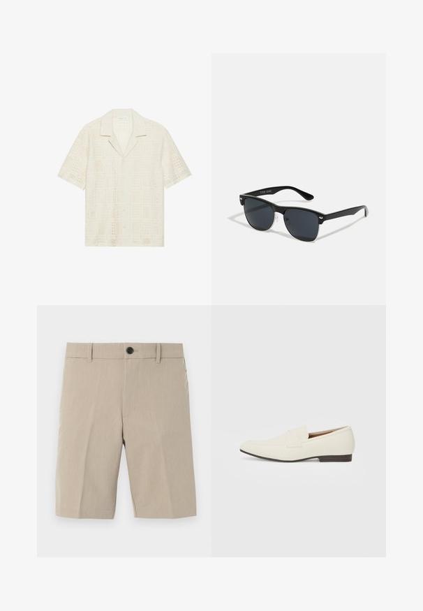 Lyhythihainen paita vaaleasta kermakankaasta, jossa on tekstuurillinen, rei'itetty muotoilu neliökaavioilla ja teräväkauluksella.; Housut beige, joissa on tasainen etuosa, kevyt tekstuuri, yksi nappisuljin, vyölenkit ja kaksi sivutaskua. Mukautettu istuvuus polven pituuteen.; Vaaleanbeige loaferit, joissa on terävä kärki, sileä materiaali, nauha vampin yli ja matala ruskea pohja. Yksinkertainen muotoilu, jossa on minimaalista korostusta.; Mustat aurinkolasit, joilla on suorakulmainen muoto, tummat linssit, hopeiset yksityiskohdat temppeleissä ja matta pinta kehykset.