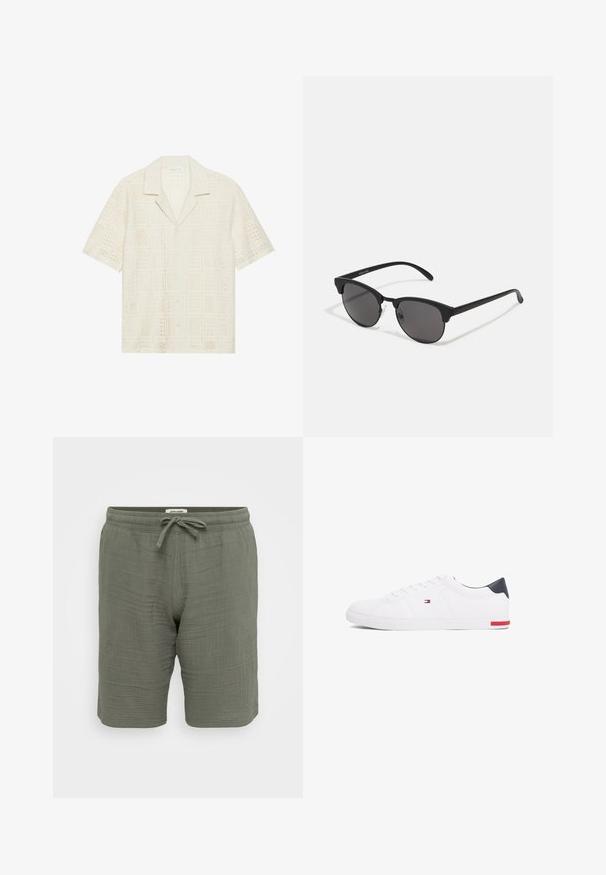 Kratek rokav srajca v svetlo kremni tkanini, ki se ponaša z teksturiranim, perforiranim dizajnom s kvadratnimi vzorci in koničastim ovratnikom.; Lahki, olivno zeleni kratke hlače iz teksturirane tkanine. Imajo elastičen pas z vrvico, stranske žepe in sproščen kroj.; Beli nizki športni čevlji iz gladkega usnja. Imajo mornarsko modro zaščito na peti in rdeč poudarek na podplatu. Šest lukenj za vezalke.; Črne sončna očala z okroglimi lečami, mat površino in značilno obliko mačjih oči. Tanke nogice z diskretnim logotipom na levem templju.