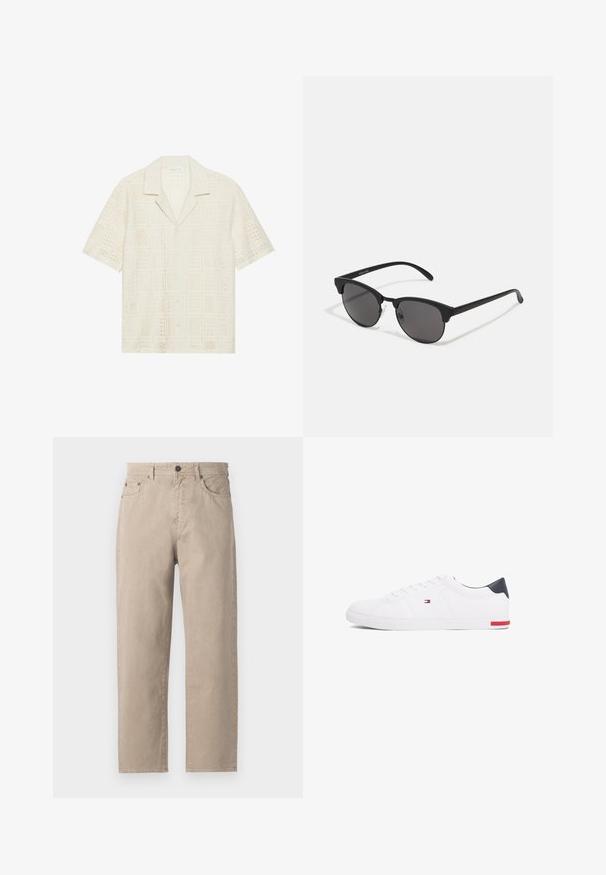 Camisa de manga curta em tecido creme claro, apresentando um design texturizado e perfurado com padrões quadrados e colarinho pontudo.; Calças de algodão bege com um design de perna reta, apresentando um fecho com botão, cinco bolsos e detalhes de costura subtil. Textura suave.; Sapatilhas brancas de cano baixo feitas de couro liso. Apresentam um bico azul-marinho e um detalhe vermelho na sola. Seis ilhoses para os atacadores.; Óculos de sol pretos com lentes redondas, acabamento mate e forma distinta de olho de gato. Braços finos com uma marcação subtil na têmpora esquerda.