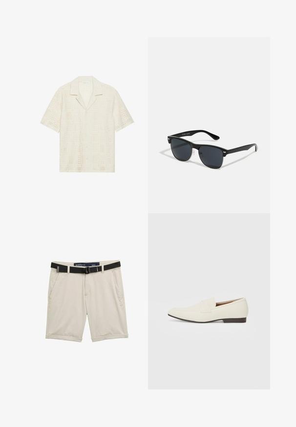 Chemise à manches courtes en tissu crème clair, présentant un design texturé et perforé avec des motifs carrés et un col pointu.; Shorts beiges avec une ceinture réglable noire. Fabriqués en tissu léger, ils disposent de poches latérales et de revers pour un look décontracté. Taille M.; Mocassins beige clair avec un bout pointu, en matériau lisse, une sangle sur le devant et une semelle basse marron. Design simple avec des accents minimalistes.; Lunettes de soleil noires de forme rectangulaire, verres foncés, accents argentés aux tempes et finition mate sur la monture.