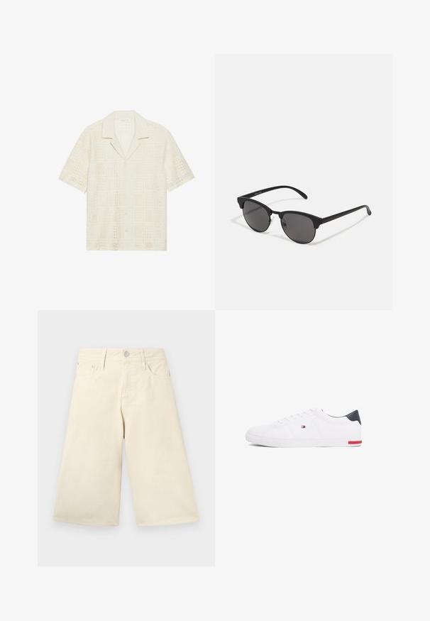 Kortärmad skjorta i ljus krämfärgad tyg, med en strukturerad, perforerad design med fyrkantiga mönster och spetsig krage.; Beige vida shorts tillverkade av bomull med en klassisk femficksdesign, med en silverfärgad metallknapp och dragkedjestängning fram.; Vita låga sneakers i slätt läder. Har en marinblå hälkappa och en röd detalj på sulan. Sex öglor för snörning.; Svarta solglasögon med rundade linser, matt finish och tydlig cat-eye form. Smala skalmar med subtil logotyp på vänster skalmtempel.
