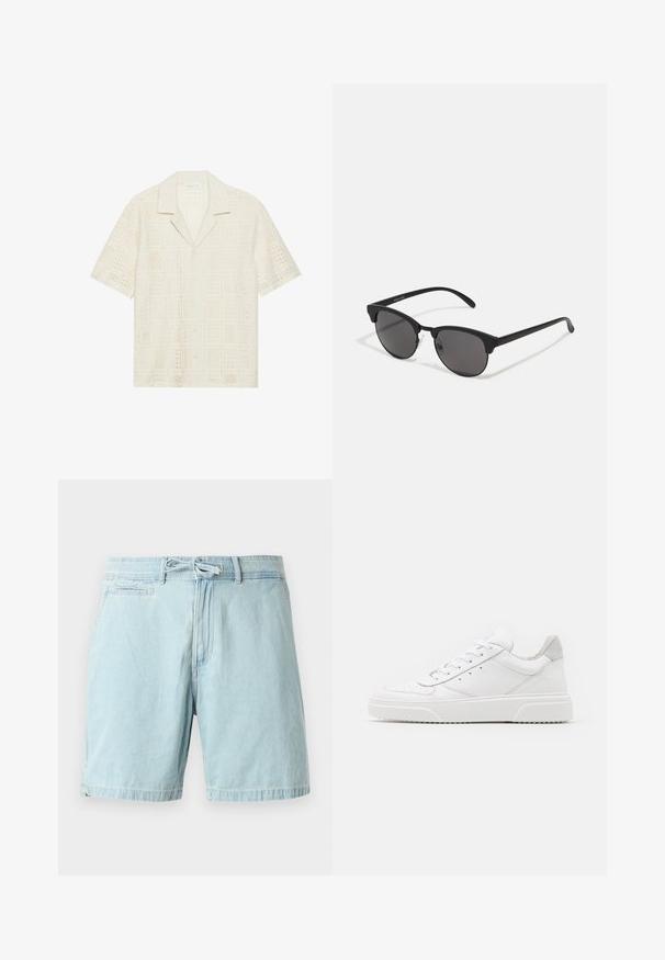 Lyhythihainen paita vaaleasta kermakankaasta, jossa on tekstuurillinen, rei'itetty muotoilu neliökaavioilla ja teräväkauluksella.; Vaaleansiniset farkkushortsit, joissa on elastinen vyötärö ja solmittava yksityiskohta. Sivutaskut ja rento istuvuus. Silkkinen pinta, rento muotoilu.; Valkoiset nahkakengät, joissa on sileä pinta, pyöreä kärki, litteät nauhat ja teksturoitu pohja. Harmaa mokkanahka korostaa kantapäätä.; Mustat aurinkolasit pyöreillä linsseillä, matalla pinnalla ja erottuvalla kissamaisella muodolla. Kapeat taitteet, joissa on huomaamaton brändäys vasemmassa temppeleissä.