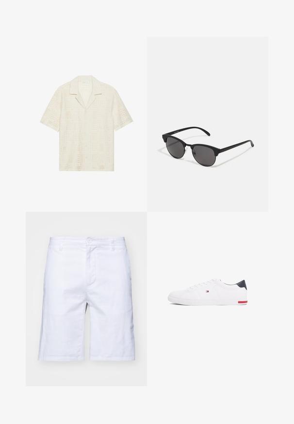 Short-sleeve shirt in light cream fabric, featuring a textured, perforated design with square patterns and a pointed collar.; White cotton shorts with a straight cut, zipper fly, and button closure. Features side pockets and a smooth texture.; White low-top sneakers made of smooth leather. Features a navy heel cap and a red accent on the sole. Six eyelets for laces.; Black sunglasses with round lenses, matte finish, and distinctive cat-eye shape. Slim arms with subtle branding on the left temple.