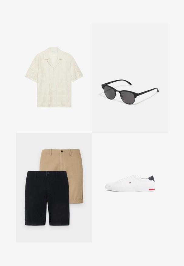 Camisa de manga corta en tejido color crema claro, con un diseño texturizado y perforado que presenta patrones cuadrados y un cuello con puntas.; Dos pares de pantalones cortos: uno de color azul marino y otro caqui. Ambos están hechos de algodón, tienen un diseño de frente plano, dobladillo enrollable y cierre de botón.; Zapatillas bajas blancas de piel suave. Presentan una capucha en el talón de color marino y un acento rojo en la suela. Seis ojales para los cordones.; Gafas de sol negras con lentes redondos, acabado mate y una distintiva forma de ojo de gato. Patillas delgadas con un sutil branding en la patilla izquierda.