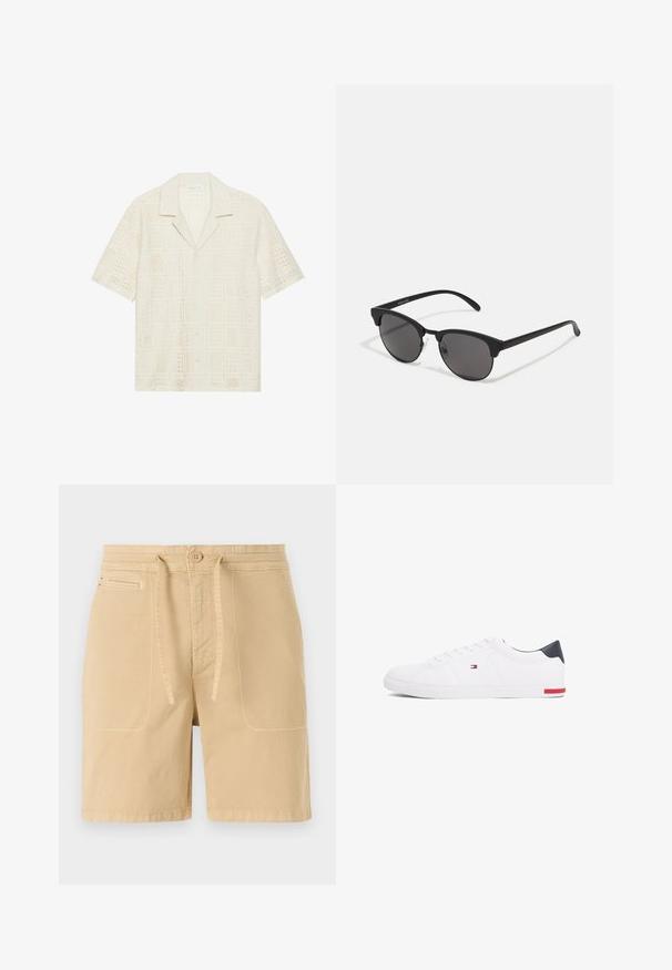 Kortermet skjorte i lys kremfarget stoff, med et teksturert, perforert design med firkantede mønstre og spiss krage.; Beige shorts laget av bomull, med snor i livet, frontlommer og synlige sømmer. Enkel, uformell design.; Hvite lave sneakers laget av glatt lær. Har en marineblå hælhette og en rød detalj på sålen. Seks hull til lisser.; Sorte solbriller med runde linser, matt finish og karakteristisk katteøyeform. Slanke armer med subtil merking på venstre tempel.