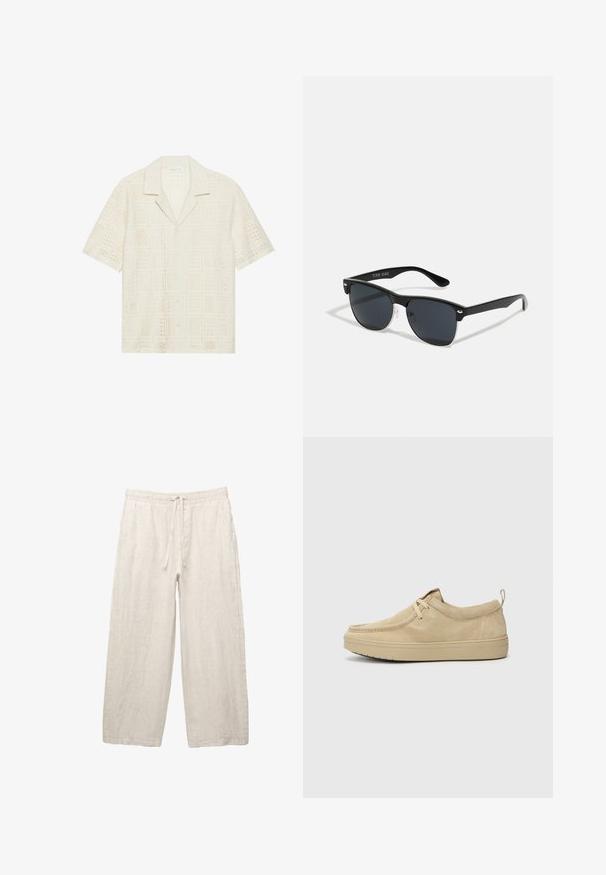 Kratek rokav srajca v svetlo kremni tkanini, ki se ponaša z teksturiranim, perforiranim dizajnom s kvadratnimi vzorci in koničastim ovratnikom.; Lanene hlače v svetlo bež barvi, z elastičnim pasom in vrvico, širokimi nogavicami in stranskimi žepi. Gladka tekstura.; Bež zamškasti slip-on čevlji s zaobljenim nosom, minimalnim šivom in gumijastim podplatom. Mehka tekstura z diskretnim logotipom na peti.; Črne sončne naočare pravokotne oblike, temna leča, srebrni detajli na ušesih in mat površina na okvirju.