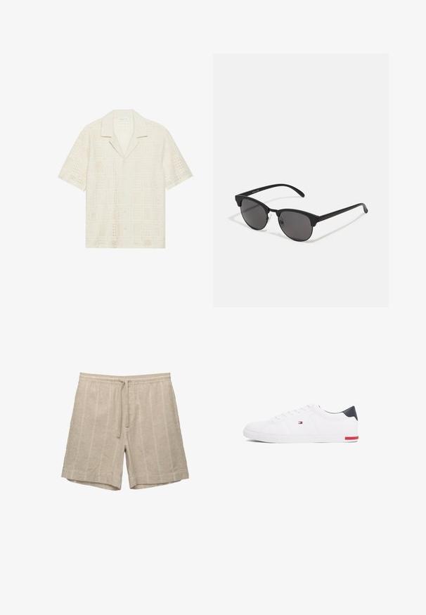 Rövid ujjú ing világos krém színű anyagból, amely texturált, perforált dizájnnal rendelkezik négyzetmintákkal és hegyes gallérral.; Beige vászon sort vízszintes csíkokkal, rugós derékkal és zsinórral, laza szabással és sima textúrával.; Fehér alacsony szárú sneaker sima bőrből. Tengerészkék sarokvédővel és piros díszítéssel a talpon. Hat fűzőlyuk a fűzők számára.; Fekete napszemüveg kerek lencsékkel, matt felülettel és jellegzetes macska szem formával. Vékony szárak, a bal oldali templomon diszkrét márkajelzéssel.