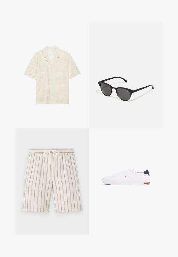 Kurzärmliges Hemd aus hellcremefarbenem Stoff, mit einem strukturierten, durchbrochenen Design mit quadratischen Mustern und einem spitzen Kragen.; Hellebeige Shorts mit vertikalen olivgrünen Streifen, aus strukturiertem Stoff. Mit einem elastischen Bund und einer Kordelzug.; Weißes Low-Top-Sneaker aus glattem Leder. Mit einem marineblauen Fersenstück und einem roten Akzent an der Sohle. Sechs Ösen für die Schnürsenkel.; Schwarze Sonnenbrille mit runden Gläsern, matter Oberfläche und markanter Cat-Eye-Form. Schlanke Bügel mit dezenter Markenkennzeichnung am linken Schläfenstück.