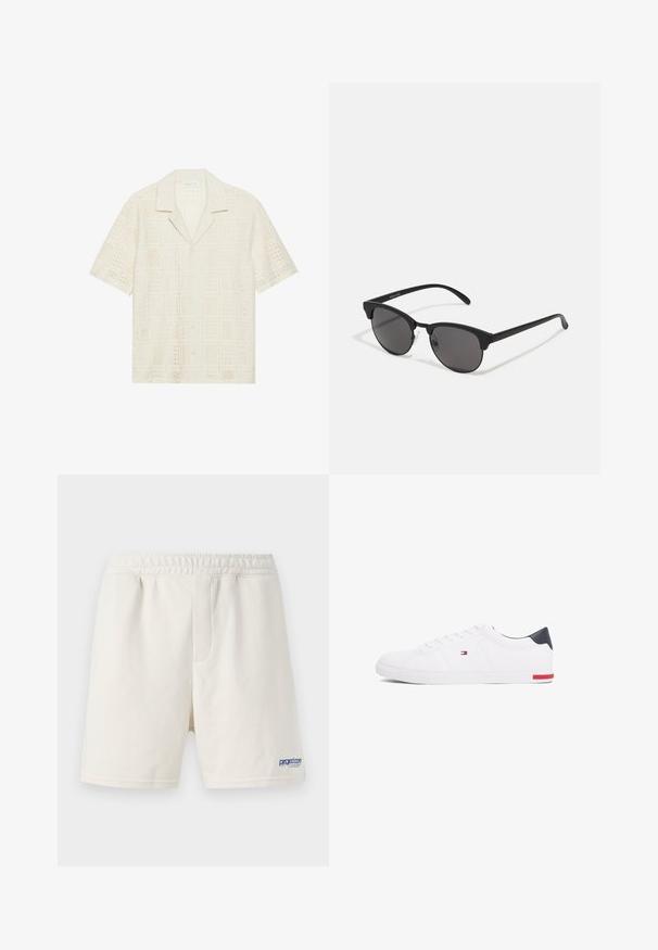 Kurzärmliges Hemd aus hellcremefarbenem Stoff, mit einem strukturierten, durchbrochenen Design mit quadratischen Mustern und einem spitzen Kragen.; Cremfarbene Shorts aus einem weichen Baumwollmix, mit einem elastischen Bund und einem blauen Logo auf der unteren linken Seite.; Weißes Low-Top-Sneaker aus glattem Leder. Mit einem marineblauen Fersenstück und einem roten Akzent an der Sohle. Sechs Ösen für die Schnürsenkel.; Schwarze Sonnenbrille mit runden Gläsern, matter Oberfläche und markanter Cat-Eye-Form. Schlanke Bügel mit dezenter Markenkennzeichnung am linken Schläfenstück.