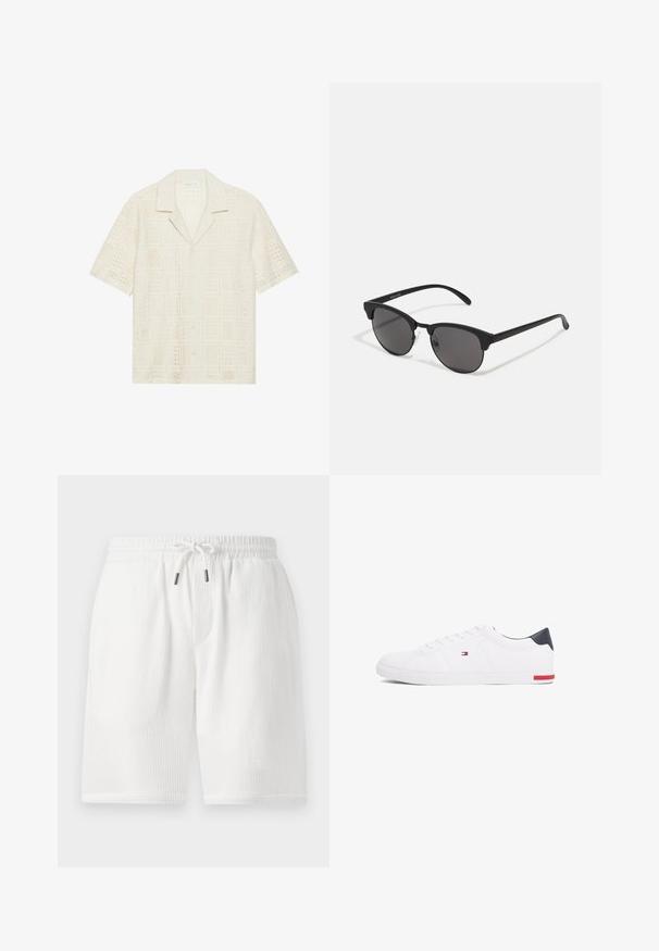 Koszula z krótkim rękawem w jasnym kremowym kolorze, z teksturowanym, perforowanym wzornictwem w kwadratowe wzory oraz z kołnierzykiem w kształcie punktu.; Białe, teksturowane szorty z elastycznym pasem, zapięciem na sznurek, bocznymi kieszeniami oraz luźnym krojem. Idealne do noszenia na co dzień.; Białe niskie tenisówki wykonane z gładkiej skóry. Posiadają granatowy zapiętek i czerwony akcent na podeszwie. Sześć oczek na sznurowadła.; Czarne okulary przeciwsłoneczne z okrągłymi soczewkami, matowym wykończeniem i charakterystycznym kształtem kota. Smukłe ramiona z subtelnym logo na lewym skroniu.