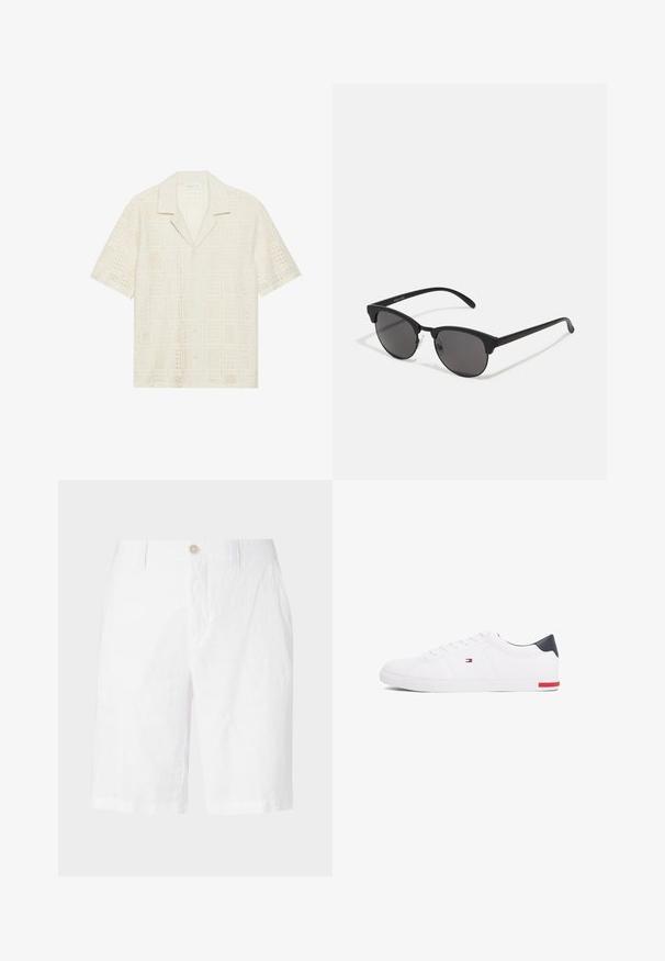 Kurzärmliges Hemd aus hellcremefarbenem Stoff, mit einem strukturierten, durchbrochenen Design mit quadratischen Mustern und einem spitzen Kragen.; Weiße Leinen-Shorts mit Knopfverschluss, im entspannten Schnitt, gerader Passform und ohne sichtbare Muster oder Akzente. Glatte Textur.; Weißes Low-Top-Sneaker aus glattem Leder. Mit einem marineblauen Fersenstück und einem roten Akzent an der Sohle. Sechs Ösen für die Schnürsenkel.; Schwarze Sonnenbrille mit runden Gläsern, matter Oberfläche und markanter Cat-Eye-Form. Schlanke Bügel mit dezenter Markenkennzeichnung am linken Schläfenstück.