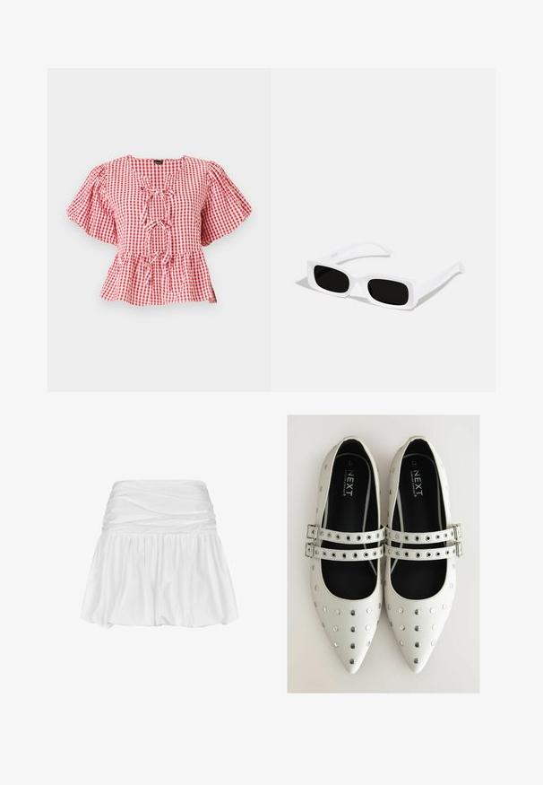 Raudonas ir baltas languotas palaidinės modelis su pūstomis rankovėmis, kaklo užrišimu ir peplum apdaila. Pagaminta iš lengvos medžiagos.; Balta mini sijonas su sukauptu juosmeniu, skaidria A formos siluetu, glotnia audinio tekstūra ir raukšlėta apatinė dalis, suteikianti papildomą apimtį ir judrumą.; Balti odiniai plokšti batai su smailiais pirštais, kuriuose yra sidabriniai smeigės ir dvi sagtelės juostos per pėdos vidurį. Juodas vidinis pamušalas.; Baltos stačiakampio formos saulės akinius su juodais lęšiais, turinčius matinį paviršių ir švelnų tekstūrą. Rankenos yra grakščios ir šiek tiek lenktos.