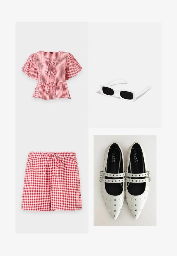 Rdeča in bela karirana bluzka z napihnjenimi rokavi, z detajlom za zavezovanje okoli vratu in peplum spodnjim delom. Narejena iz rahlega materiala.; Šorty s červenobílým kostkovaným vzorem, elastickým pasem a šňůrkou. Mají uvolněný střih a lemované okraje. Tkanina vypadá lehce.; Bele usnjene ravne čevlje z ostrimi prsti, ki imajo srebrne kline in dve zaponki, ki se navezujeta čez zgornji del noge. Črna podloga.; Bele sončne očala pravokotne oblike v bele barve z črnimi lečami, ki imajo mat površino in gladko teksturo. Nastavljivi ročaji so elegantni in nekoliko ukrivljeni.