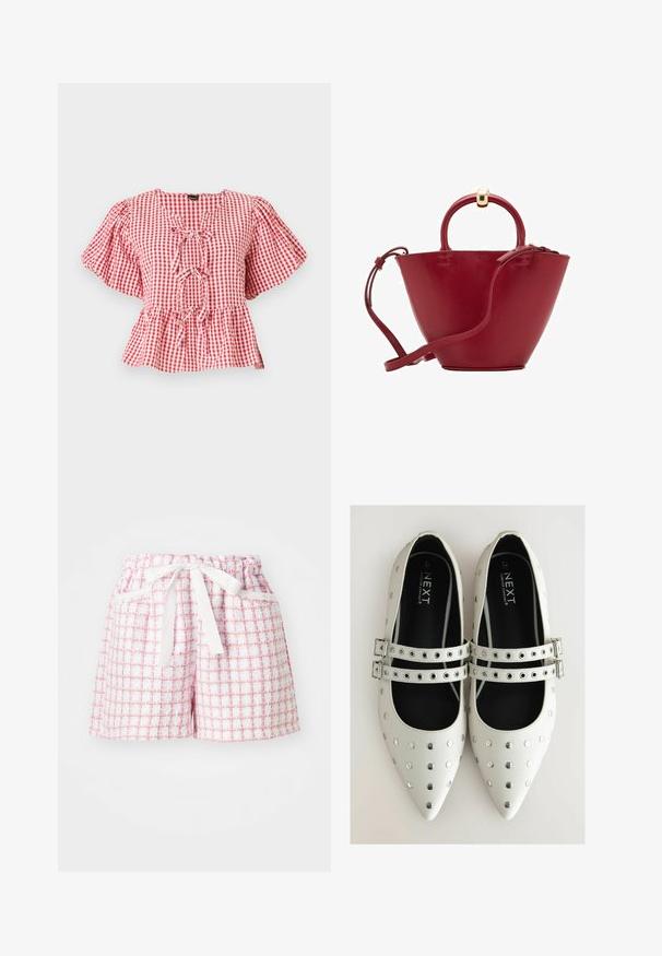 Červená a biela kockovaná blúzka s nariasenými rukávmi, viazacím detailom na krku a peplum spodkom. Vyrobená z ľahkého materiálu.; Biele a ružové kárované šortky s textúrovanou látkou, majú elastický pás a na prednej strane je viazaná mašľa. Dve bočné vrecká.; Biele kožené ploché topánky s špicatými prstami, s striebornými hrotmi a dvoma prackami cez nárt. Čierna vnútorná podšívka.; Červená kožená kabelka s zaobleným vrchom, štruktúrovaným kužeľovým tvarom, krátkymi ušami a odnímateľným ramenným popruhom. Obsahuje zlaté kovové akcenty.