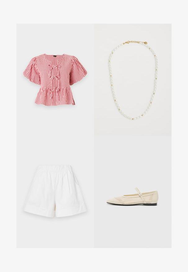 Bluză cu carouri roșii și albe, cu mâneci bufante, detaliu cu sfoară la gât și tiv în stil peplum. Fabricată dintr-un material ușor.; Shorts albe din bumbac, cu talie elastică, două buzunare laterale și manșete pliate. Designul pliat adaugă textură și dimensionare.; Balerini bej cu vârf ascuțit, cu un design din plasă, și o curea cu cataramă laterală. Talpă plată cu o textură netedă.; Colier din perle cu perle ovale albe alternate și mici mărgele de aur, având un închizător din aur pentru prindere. Textură netedă în ansamblu.