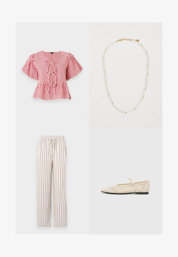 Piros és fehér kockás blúz puffos ujjakkal, nyakán megkötős részlettel és peplum szabással. Könnyű anyagból készült.; Műlinen nadrág függőleges sötétkék csíkokkal, rugalmas derékpánttal és zsinór részlettel. Laza fazon, egyenes lábakkal és puha textúrával.; Beige balettcipők hegyes orral, hálós dizájnnal átfedve és oldalsó csatválasztékkal. Lapos talp, sima felülettel.; Gyöngy nyaklánc, váltakozó fehér ovális gyöngyökkel és kis arany gyöngyökkel, arany záródással. Az egész sima textúrájú.