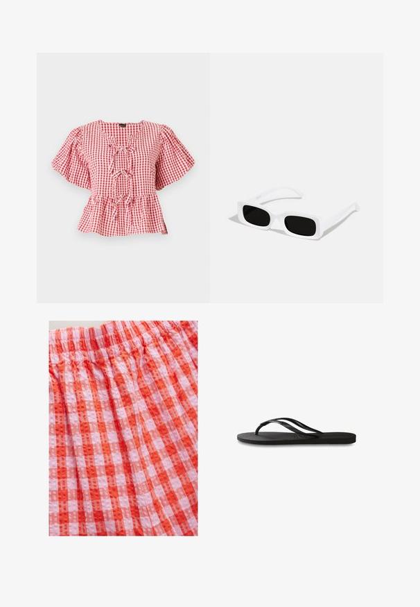 Blouse à carreaux rouges et blancs avec des manches bouffantes, un détail de nœud au cou et un ourlet peplum. Fabriquée en tissu léger.; Tissu à motif vichy rouge et rose avec une finition texturée, doté d'une ceinture élastique froncée pour plus de confort et de flexibilité.; Tongs noires avec une semelle en caoutchouc texturée, deux fines lanières et un détail de logo embossé subtil sur la lanière.; Lunettes de soleil rectangulaires blanches avec des verres noirs, présentant une finition mate et une texture lisse. Les branches sont élégantes et légèrement courbées.