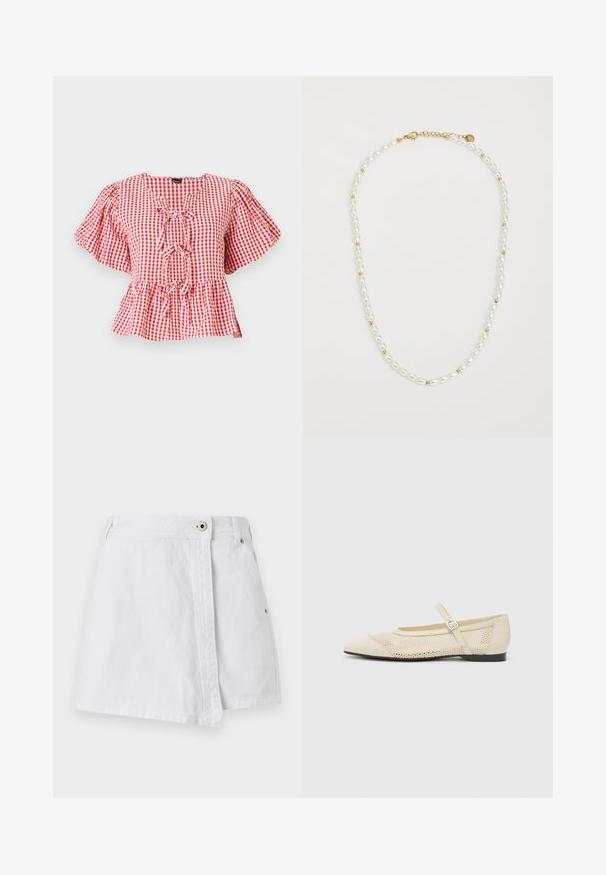 Sarkas ar sarkaniem un baltiem kvadrātiem, ar puff piedurknēm, kakla saišu detaļu un peplum apakšdaļu. Izgatavots no viegla auduma.; Balta džinsu mini svārki ar priekšējo pogu aizdari, taisnu griezumu un smalku dūrienu detaļu. Ievērojama tīra, gluda tekstūra.; Bēža baleta kurpes ar smailu purngalu, pārklātas ar sietu, un ar sānu sprādzi. Plakana zole ar gludu tekstūru.; Pērļu kaklarota ar pārmaiņus baltiem ovāliem pērļu un maziem zelta pērlēm, aprīkota ar zelta sprādzi fiksēšanai. Kopumā gluda tekstūra.