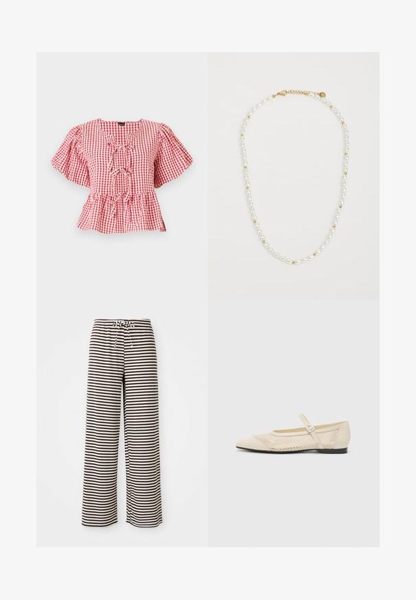 Rød- og hvit-sjekket bluse med puff ermer, en knyte-detalj ved halsen og peplum-skjørt. Laget av lett stoff.; Stripete pysjamasbukser med avslappet passform, laget av myk stoff. Har vekslende brune og kremfargede horisontale striper, samt elastisk midjebånd med snøring.; Beige ballettflats med spiss tå, mesh-design over, og en side spenne stropp. Flat såle med en glatt tekstur.; Perlekjede med alternierende hvite ovale perler og små gullperler, med en gulllås for feste. Jevn tekstur totalt.