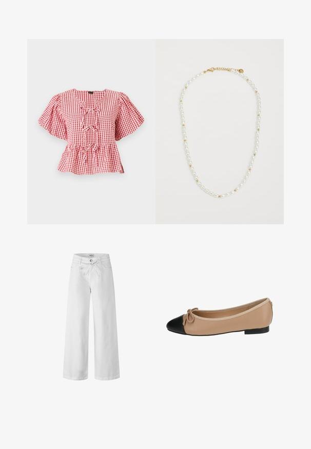 Rood-wit geruite blouse met puffmouwen, een strikdetail bij de hals en een peplum-zoom. Gemaakt van lichtgewicht stof.; Witte broek met wijde pijpen van denim, met een trekkoord in de taille, zijzakken en een knoopsluiting. Glad oppervlak en eenvoudig ontwerp.; Ballett balletflat van beige leer met een zwarte punt. Heeft een strikdetail aan de voorkant en een gladde textuur. Laag profiel ontwerp met een rubberen zool.; Parelketting met afwisselend witte ovale parels en kleine gouden kralen, voorzien van een gouden sluiting om te bevestigen. Over het algemeen een gladde textuur.