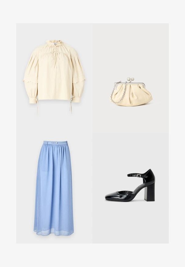 Hofmann Copenhagen SHARON - Blúz - oyster; Világoskék maxi szoknya áttetsző anyagból, behúzott derékkal, ezüst gomb részletekkel és apró fehér pöttyökből álló diszkrét mintával.; Fekete patent bőr, magas sarkú cipők négyzetes orral, bokapánttal és vastag sarkal. A szélén lyukacsos díszítéssel.; Pleátolt bézs bőr válltáska ezüst fém kerettel, két kerek díszcsattal és ezüst lánc pánttal.