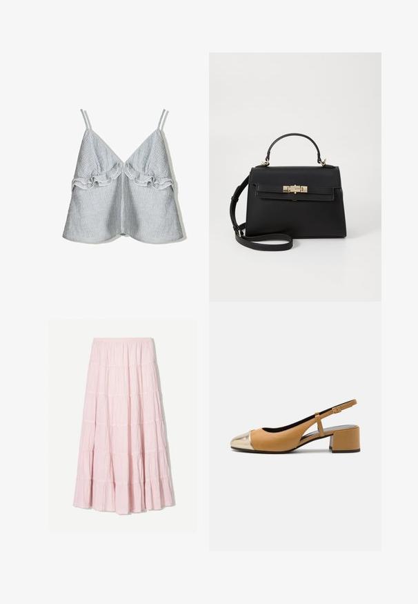 Kék és fehér csíkozott anyagú top, elöl fodros díszítéssel és vékony pántokkal, V-kivágással.; Világos rózsaszín, réteges maxi szoknya struktúrált, könnyű anyagból. Rugalmas derékrész és lebegő szegély fodros részletekkel.; Barna bőr slingback pumpa, fémes arany orral, blokk sarkú és vékony, állítható pánttal. Sima textúra, minimális részletezéssel.; Fekete bőr kézitáska jól meghatározott formával, felső fogantyúval, levehető vállpánttal és aranyszínű szerelvényekkel. Elülső zárral rendelkezik.
