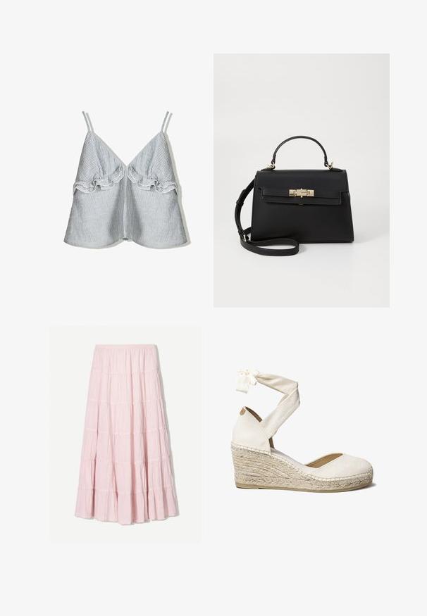 Bluzka z paskowanego materiału w niebiesko-białe paski, z falbanowym wykończeniem z przodu oraz cienkimi ramiączkami, w dekolcie w kształcie litery V.; Jasnoróżowa, warstwowa spódnica maxi wykonana z teksturowanej, lekkiej tkaniny. Elastyczny pas i zwiewny dół z falbaniastymi akcentami.; Białe płótno sandały na koturnie z wiązaniem na kostce, owijanym w jute obcasem, okrągłym noskiem i teksturowaną tkaniną wierzchnią. Wysokość koturnu wynosi około 7 cm.; Czarna skórzana torebka o wyraźnej strukturze, z górnym uchwytem, odpinanym paskiem na ramię oraz złotymi dodatkami. Posiada zapięcie na klamrę z przodu.