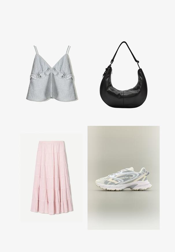 Bluzka z paskowanego materiału w niebiesko-białe paski, z falbanowym wykończeniem z przodu oraz cienkimi ramiączkami, w dekolcie w kształcie litery V.; Jasnoróżowa, warstwowa spódnica maxi wykonana z teksturowanej, lekkiej tkaniny. Elastyczny pas i zwiewny dół z falbaniastymi akcentami.; Sportowe sneakersy z siateczkową cholewką w białym i jasnoszarym kolorze, z wyściółkowaną podeszwą oraz teksturowanym bieżnikiem z gumy dla lepszej przyczepności.; Czarna skórzana torebka w kształcie półksiężyca, o gładkiej fakturze, z jedną rączką na ramię i górnym zapięciem na zamek. Minimalistyczny design.; Złote kolczyki w kształcie obręczy z fakturowanym wykończeniem, z niebieskimi emaliowanymi detalami kwiatowymi wzdłuż przedniej krawędzi. Okrągły kształt, z zawiasowym zamknięciem.