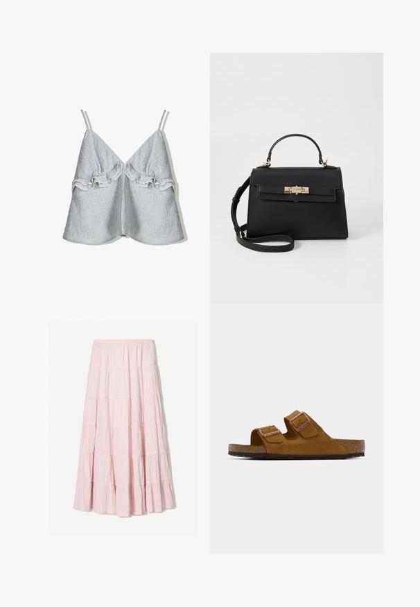 Prazna bluzica z navpičnimi črtami v modri in beli barvi, ki ima naguban rob spredaj in tanke naramnice, ter obliko V-izreza.; Svetlo roza, večerna krila s sloji iz teksturirane, lahke tkanine. Elastika v pasu in padajoči rob z nabrano obrobo.; Rjavi zamšasti natikači s dvema prilagodljivima trakama, plitvim podplatom iz plute in teksturiranim gumijastim podplatom. Minimalistična zasnova brez dodatnih okraskov.; Črna usnjena torbica s strukturiranim oblikovanjem, zgornjim ročajem, snemljivim ramenskim trakom in zlatimi okovi. Ima sprednje zapiranje na zaponko.