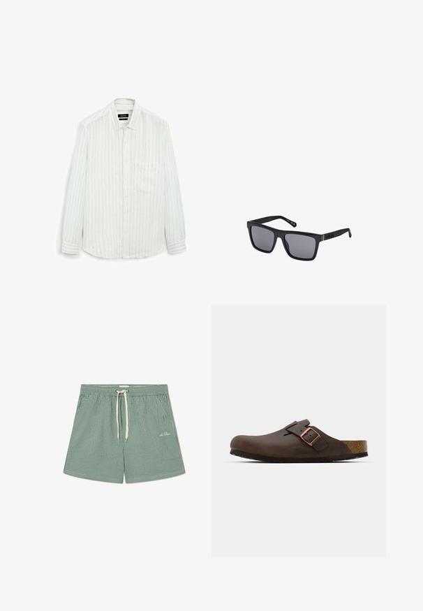 Biała koszula z długim rękawem w cienkie pionowe paski. Zapięcie na guziki, pojedyncza kieszeń na piersi oraz miękka, teksturowana tkanina o luźnym kroju.; Zielone i białe spodenki kąpielowe w paski z elastycznym pasem, regulowaną sznurówką oraz małym logo na dolnej lewej stronie.; Brązowy skórzany klapek z szerokim paskiem i miedzianą klamrą, wyposażony w teksturowane korkowe wkładki oraz grubą czarną gumową podeszwę.; Czarna prostokątna para okularów przeciwsłonecznych z ciemnymi soczewkami, matowym wykończeniem i detalem logo na zauszniku. Projekt charakteryzuje się prostymi krawędziami i grubymi oprawkami.