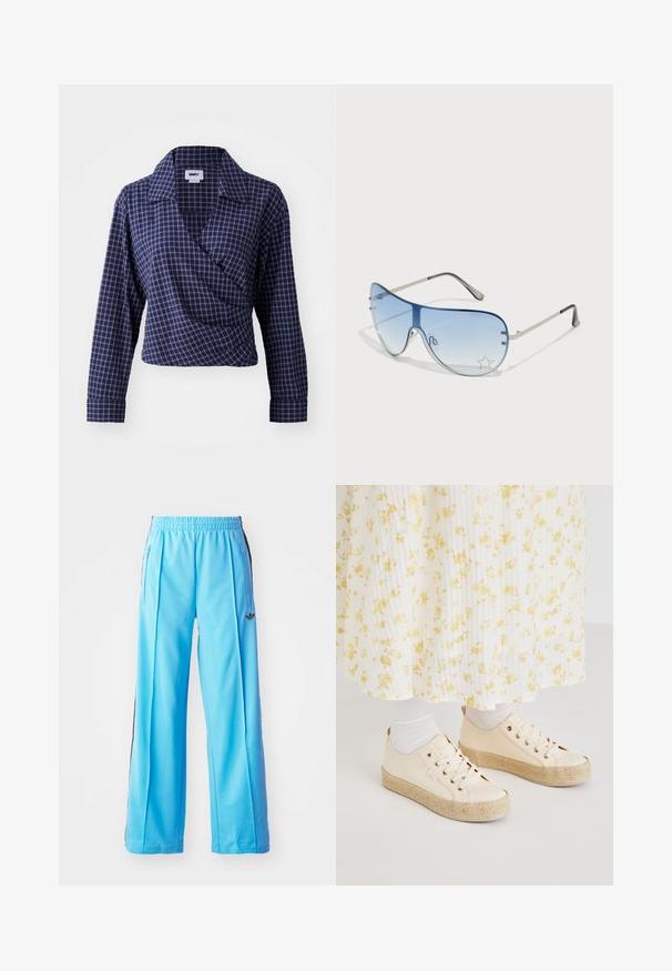 Mornarsko karirana zavita bluzica z dolgimi rokavi, globokim V-izrezom in ovratnikom. Tkanina prikazuje mrežni vzorec v odtenkih modre in bele.; Svetlo modri atletski hlače z elastičnim pasom, stranskimi zadrgami in črnimi stranskimi akcenti. Mehka tkanina z ohlapnim, širokim modelom.; Bež športni copati s gladko površino, ki imajo podplat z jute teksturo, vezalni dizajn in rose gold dodatke. Nosi se z belo krilo z cvetličnim potiskom.; Pilotne sončne očala z gradijentnimi modrimi lečami, srebrnim kovinskim okvirjem in okrasnimi zvezdastimi detajli na lečah. Gladek in eleganten dizajn.