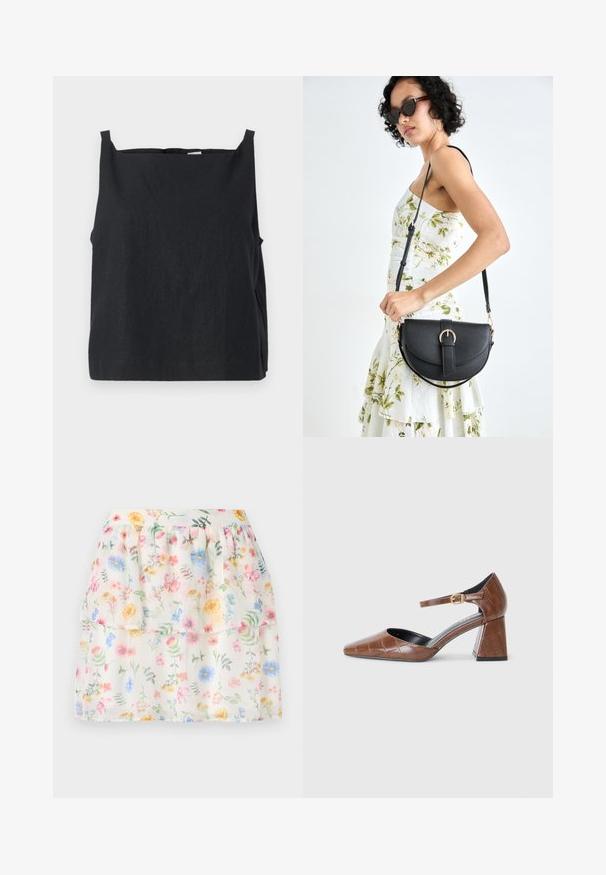 Black, sleeveless top made of lightweight fabric. Boxy design with a crew neckline and narrow shoulder straps. Smooth texture, minimal detailing.; White, floral print tiered skirt featuring pastel flowers with green accents. Made of lightweight fabric, with a gathered waistband.; Brown patent leather pump with a square toe, textured croc pattern, ankle strap with gold buckle, and a chunky heel.; Black leather handbag with a curved shape, detachable strap, and gold hardware. The bag features a flap with a buckle detail.