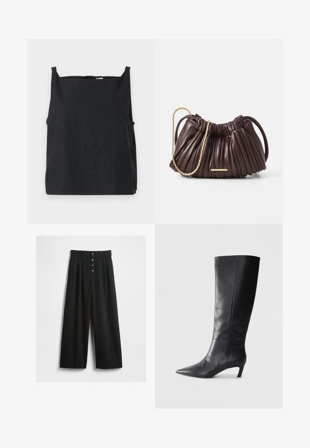 Juodas be rankovių marškinėlis, pagamintas iš lengvos medžiagos. Dėžutės stiliaus dizainas su apvalia iškirpte ir siaurais petnešomis. Lygus paviršius, minimalus dekoravimas.; Plačios juodos kelnės, pagamintos iš tekstūruoto audinio. Su aukštu liemeniu, penkių mygtukų priekinis uždarymas ir paspaustos klostės, kad suteiktų papildomą detalę.; Juodas odinis aukštas aulinukas iki kelių su smailiu pirštu, struktūrizuota forma ir kukliu kulnu. Lygus paviršius, minimalūs siuvimo detalės.; Bordo raukšlėta odinė rankinė su auksine grandinėle ir maža stačiakampio formos detalė. Minkšta tekstūra, apvali forma ir elegantiškas dizainas.