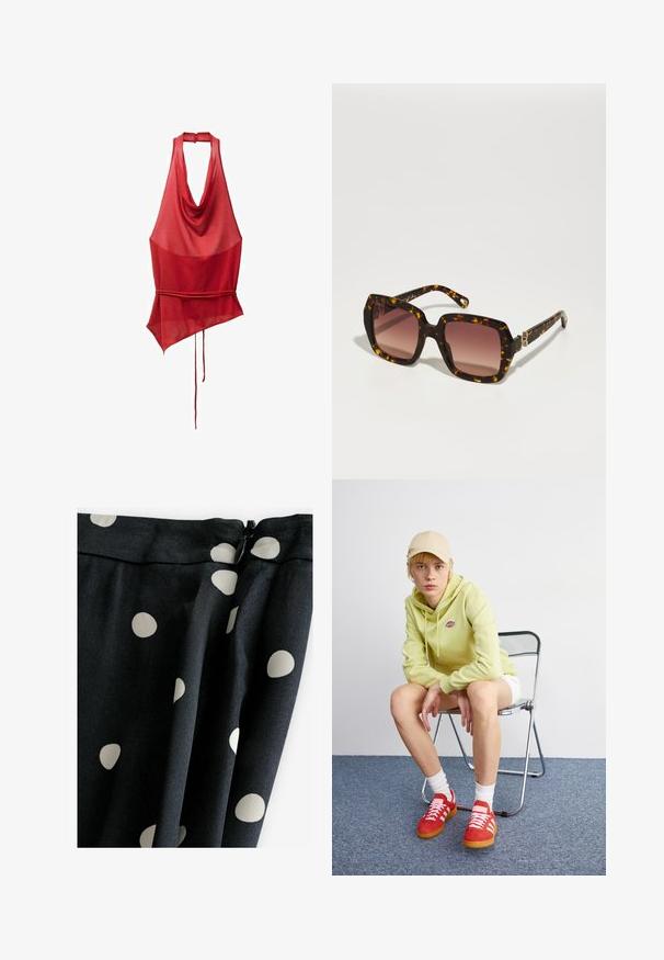 Červený top bez rukávů se záhybovým výstřihem, asymetrickým lemem a detailem zavázání v pase. Vyrobeno z lehké, průsvitné tkaniny.; Černá látka s velkými krémovými puntíky; hladká textura, splývavý design a zipové uzavření nahoře.; Světle zelená mikina s logem, bílé kraťasy, červené tenisky s bílými pruhy, sedící na chromové skládací židli na neutrálním pozadí.; CHLOÉ Sluneční brýle - havana/red; Černá kožená kabelka s zakřiveným designem, zlatými akcenty a horním uchem. Vybavena elegantním zavíráním a hladkým povrchem.