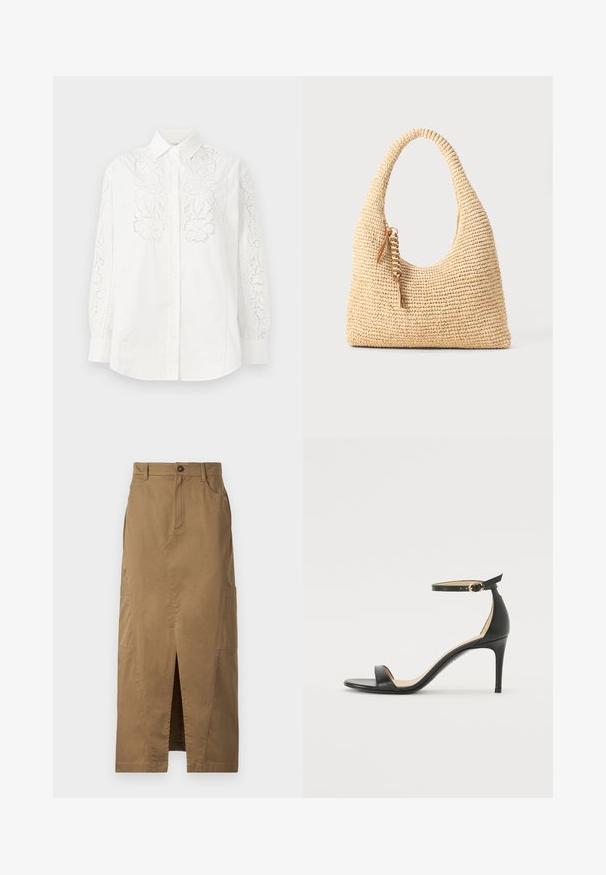 Valge nööpidega särk, millel on lilleline pitsdetail mõlemal varrukal ja ees. Valmistatud puuvillast, klassikalise kraega ja pikkade varrukatega.; Khaki maxi seelik, mis on valmistatud puuvillasegusest kangast, esiservaga lõhik, küljetaskud ja nööbiga kinnitamine taljes. Sile tekstuur.; Must musta kõrgete kontsadega sandaal, millel on pahkluule kinnituv rihm. Omab sileda tekstuuri, avatud varbaosa ning õhukest kontsa. Kuldtooniline pandla detail.; Kootud beež käsipakiga kott, millel on kumer käepide, tekstuuriga pind ja pruun tassi detail. Omab vabalt laskevat, hobo stiilis kuju.