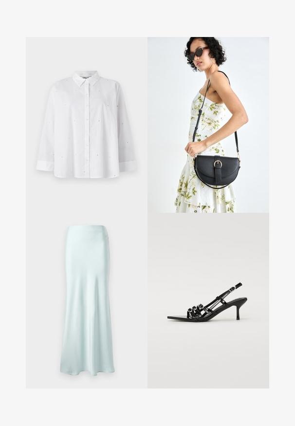 Biela košeľa na gombíky vyrobená z ľahkej látky, s malými výrezmi v tvare srdca, dlhými rukávmi a klasickým golierom.; Svetlomodrá saténová maxi sukňa s hladkou textúrou, rozšíreným lemom a priliehavým pásom. Navrhnutá pre plynulý siluetu.; Čierne lodičky na podpätku so špicatou špičkou, ktoré majú niekoľko úzkych remienkov a kruhové akcenty na prednej strane.; Čierna kožená kabelka s zaobleným tvarom, odnímateľným popruhom a zlatými doplnkami. Kabelka má klopu s detailom s prackou.