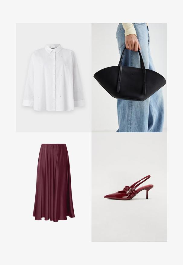 Biela košeľa na gombíky vyrobená z ľahkej látky, s malými výrezmi v tvare srdca, dlhými rukávmi a klasickým golierom.; Burgundy sukňa po zem vyrobená z hladkej, lesklej tkaniny s voľným dizajnom a elastickým pásom. Bez vzorov alebo akcentov.; Červené lakované kožené sandále na podpätku s jemne špičatou špičkou, dvoma prackovými remienkami a štíhlym, stredne vysokým ihlovým podpätkom. Hladký povrch.; Čierna kožená kabelka s jedinečným tvarom ventilátora, so plochými držadlami. Povrch má štruktúru s brúseným efektom a minimalistic design.